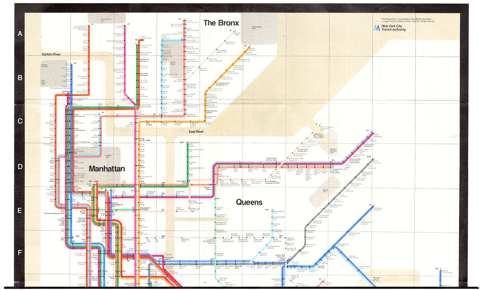 Cropped image of NYC subway system map designed by Massimo Vignelli