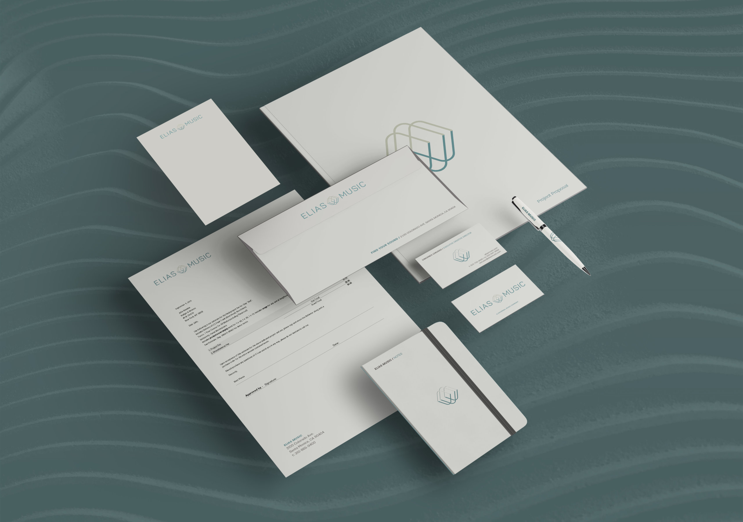 Elias Music stationary and collateral design Elias music stationery including letterhead, business cards, notepad, envelope, pen, notebook
