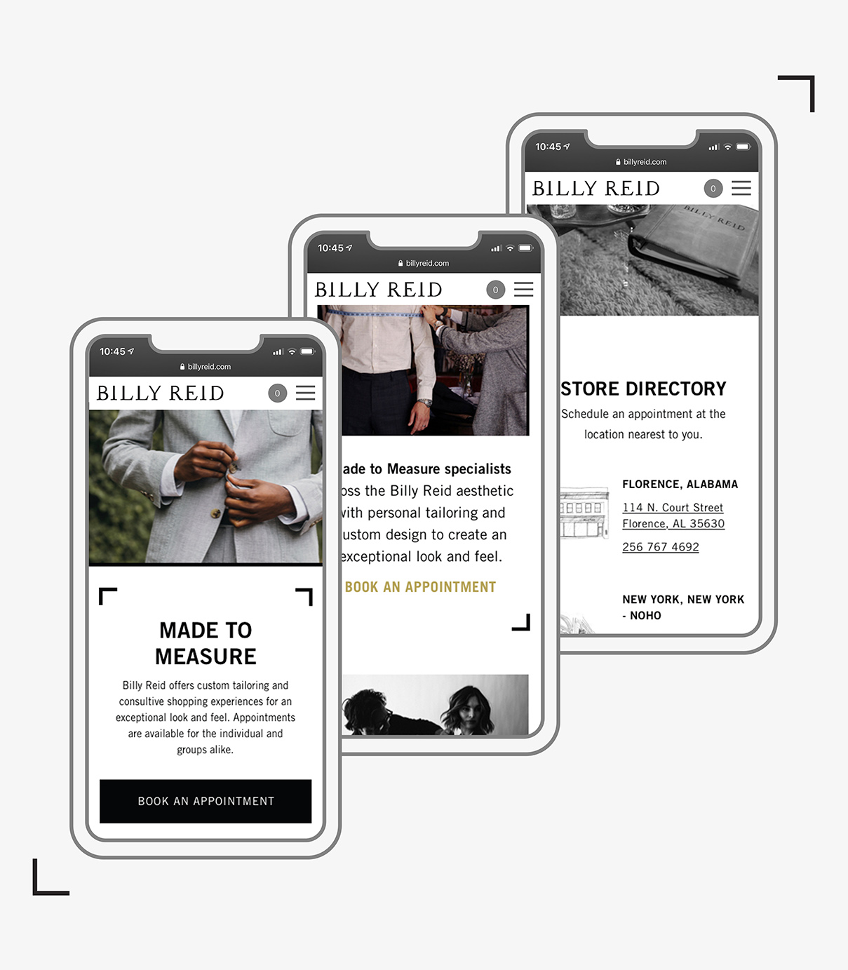 Billy Reid Made to Measure responsive webpage on mobile