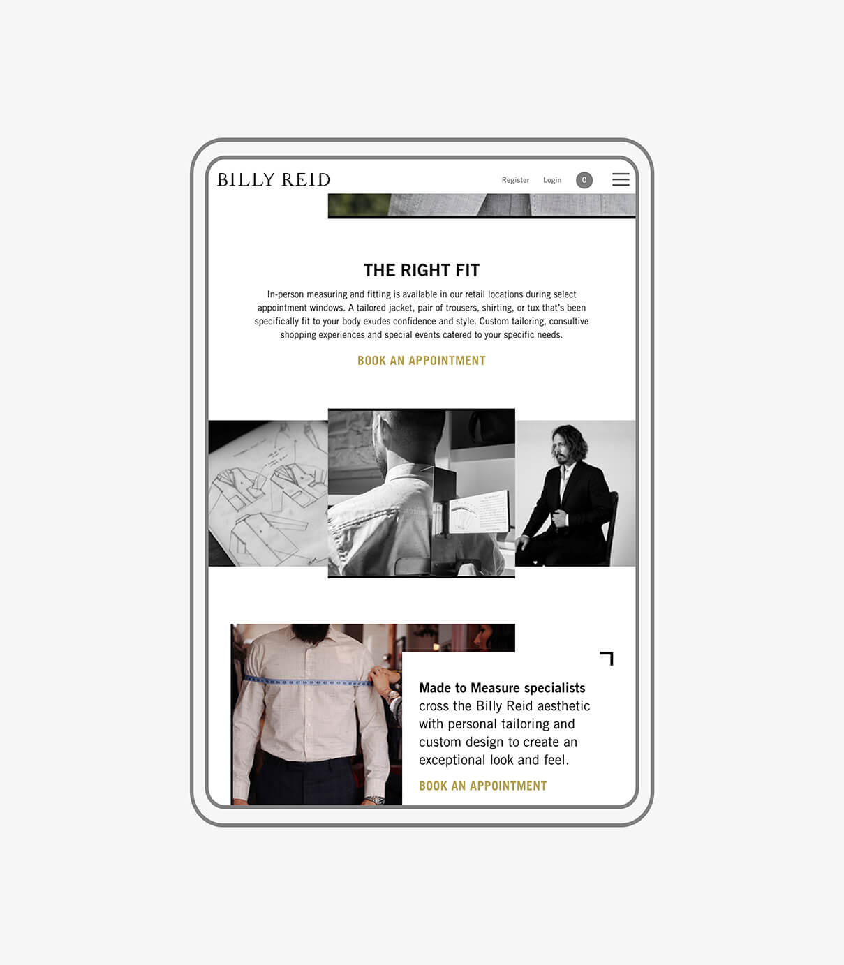 Billy Reid Made to Measure responsive webpage on tablet