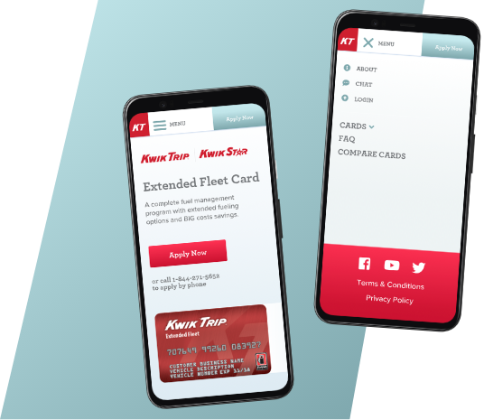 Mobile homepage and navigation design for KwikTrip fuel cards site