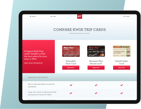 KwikTrip fuel card comparison page responsive design on a tablet