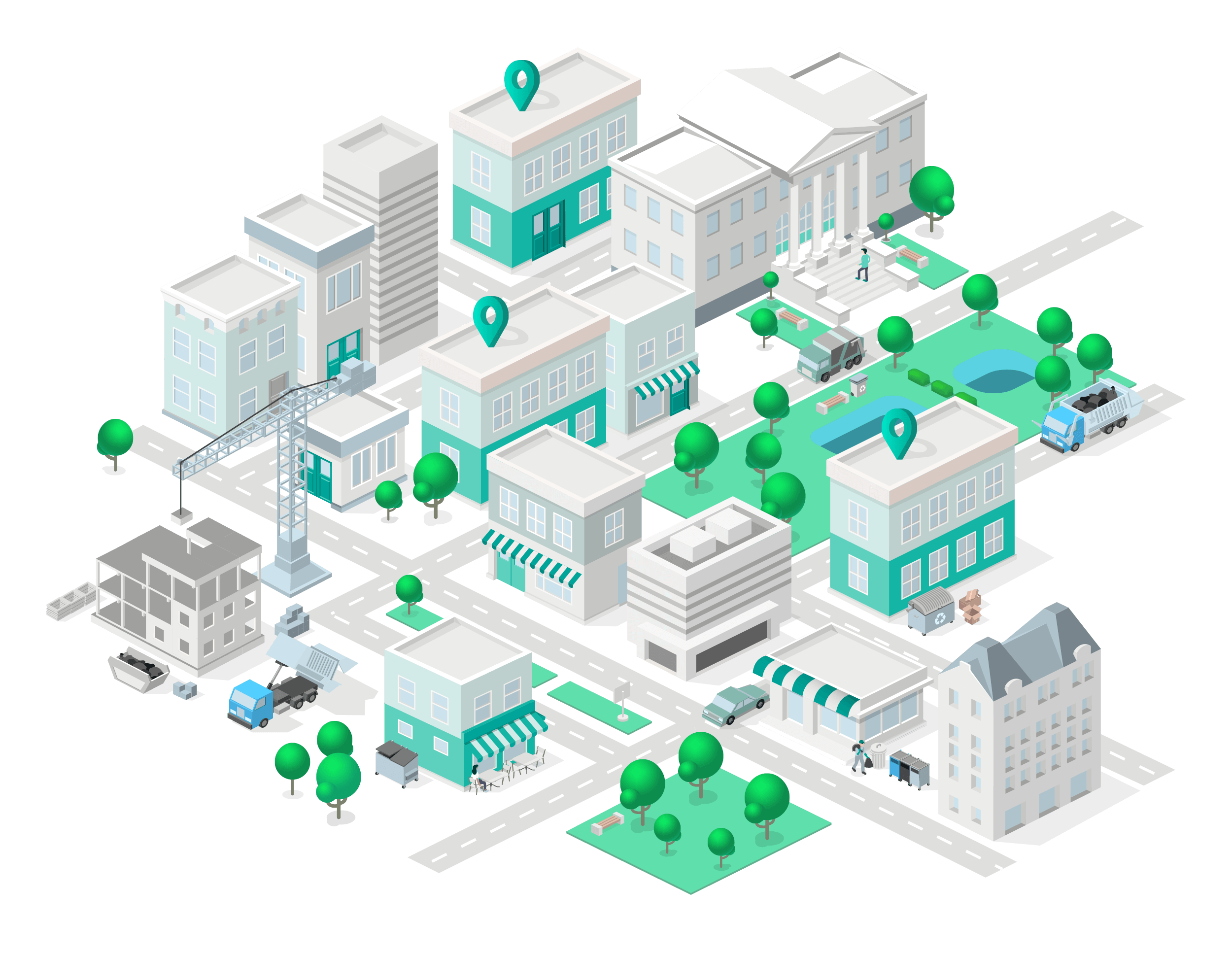 Rubicon smart city isometric illustration featuring buildings