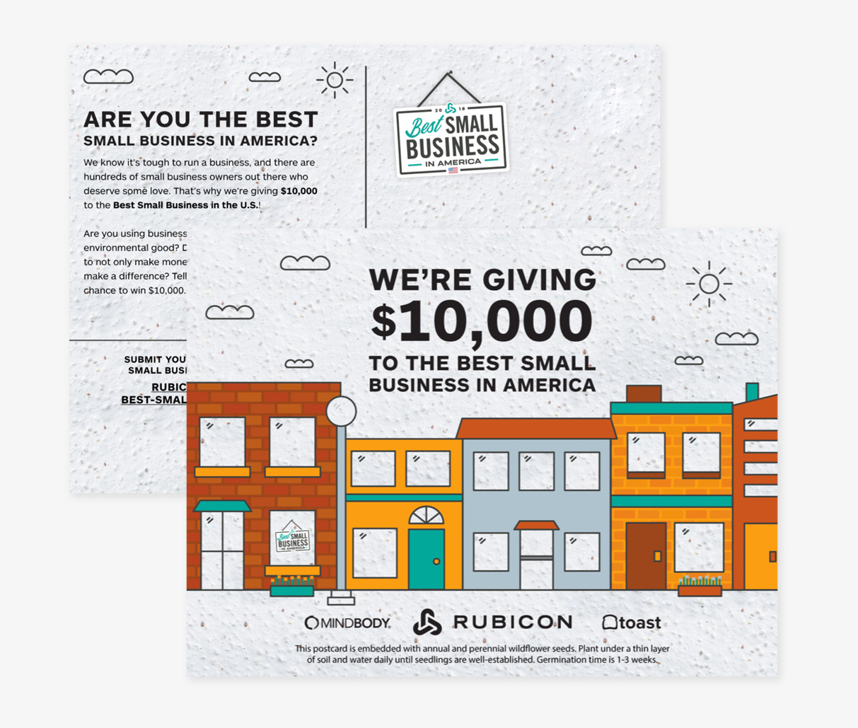 Promotional postcard design on seed paper for Rubicon's Best Small Business in America Campaign