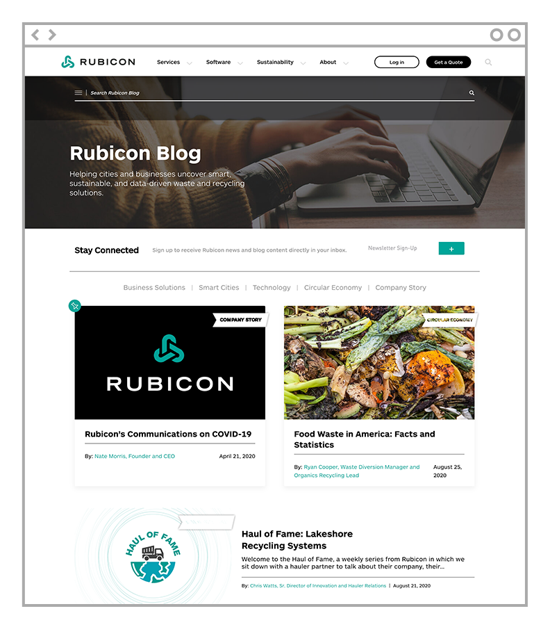 Rubicon blog page web design featuring post UI tiles