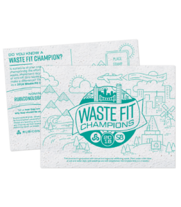Promotional postcard design for Waste Fit Champions campaign printed on seed paper