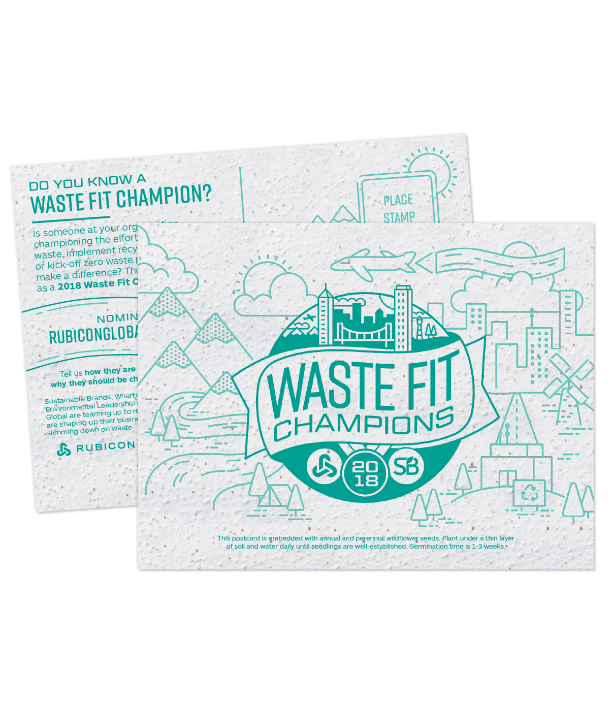Promotional postcard design for Waste Fit Champions campaign printed on seed paper