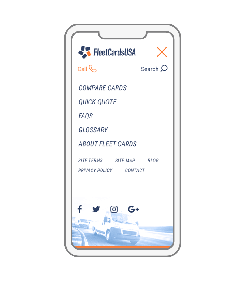 Mobile navigation menu responsive design for FleetcardsUSA website