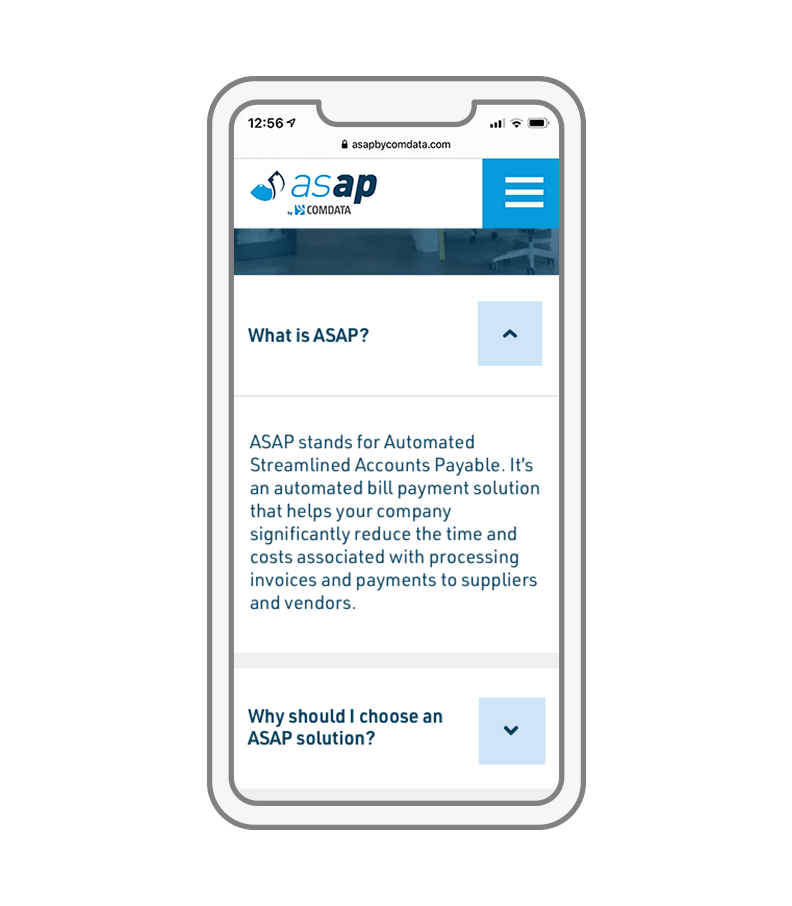 FAQ page mobile design on the ASAP by Comdata website