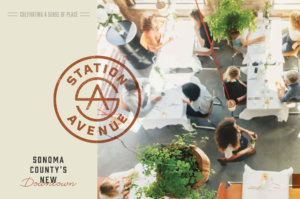 Retail deck cover design featuring topdown image of patrons at a restaurant and Station Avenue crest logo in rust color