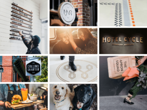 moodboard images including signage, dogs, tote bag, colored floor tile, a restaurant waiter carrying a burger and beer