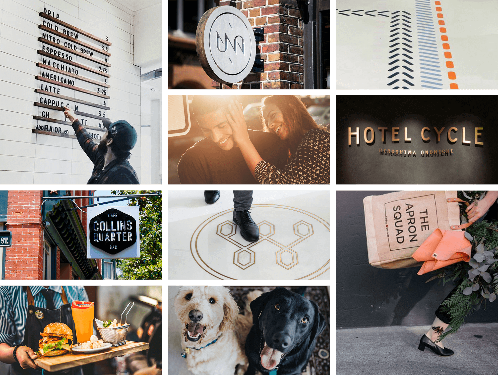 moodboard images including signage, dogs, tote bag, colored floor tile, a restaurant waiter carrying a burger and beer