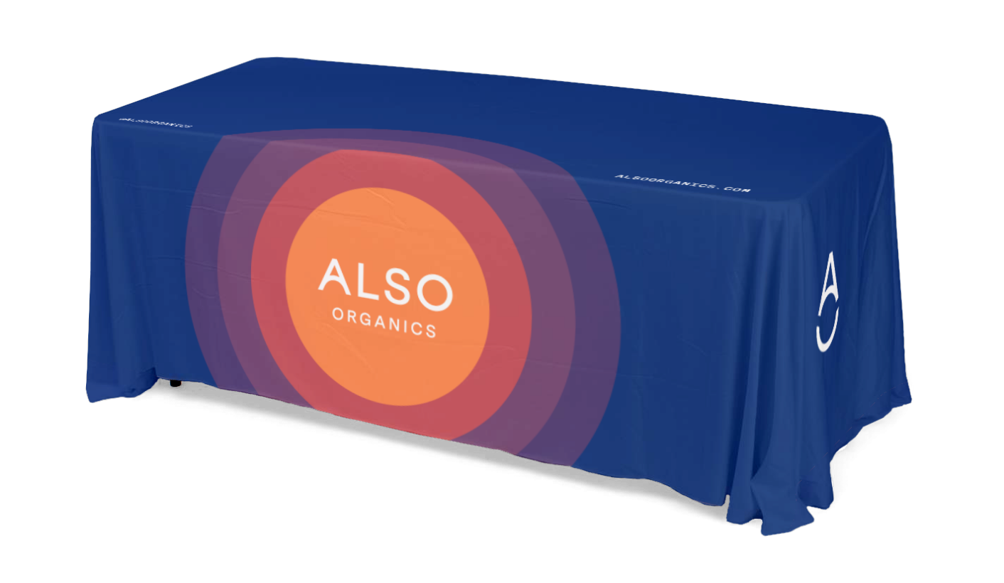Also Organics trade show branded tablecloth