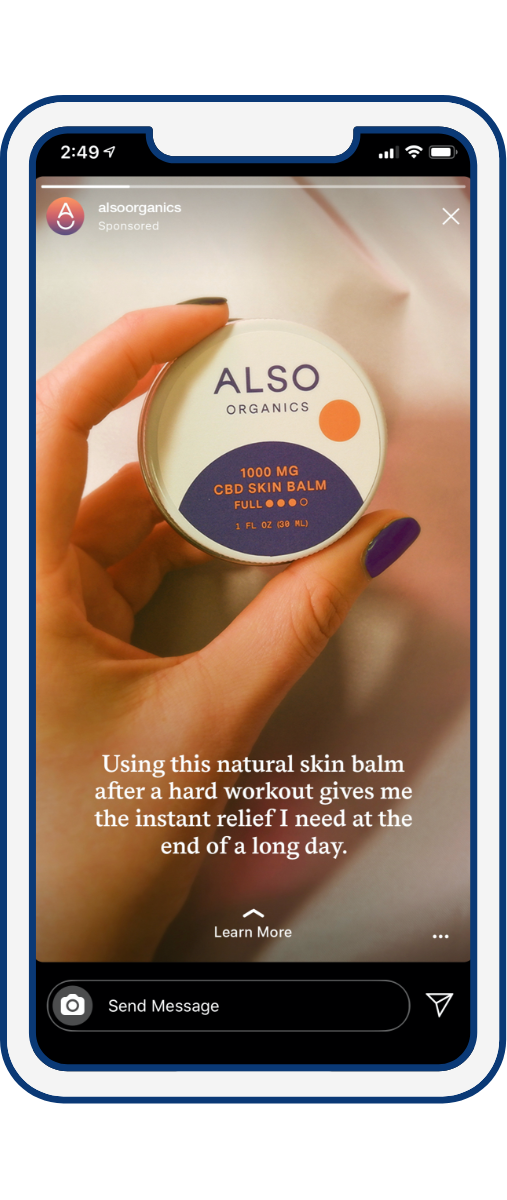 @alsoorganics Instagram story promoting blog campaign featuring a person with purple nail polish holding CBD skin balm on mobile