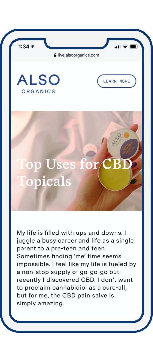 Also Organics blog campaign page featuring article about CBD topicals on mobile