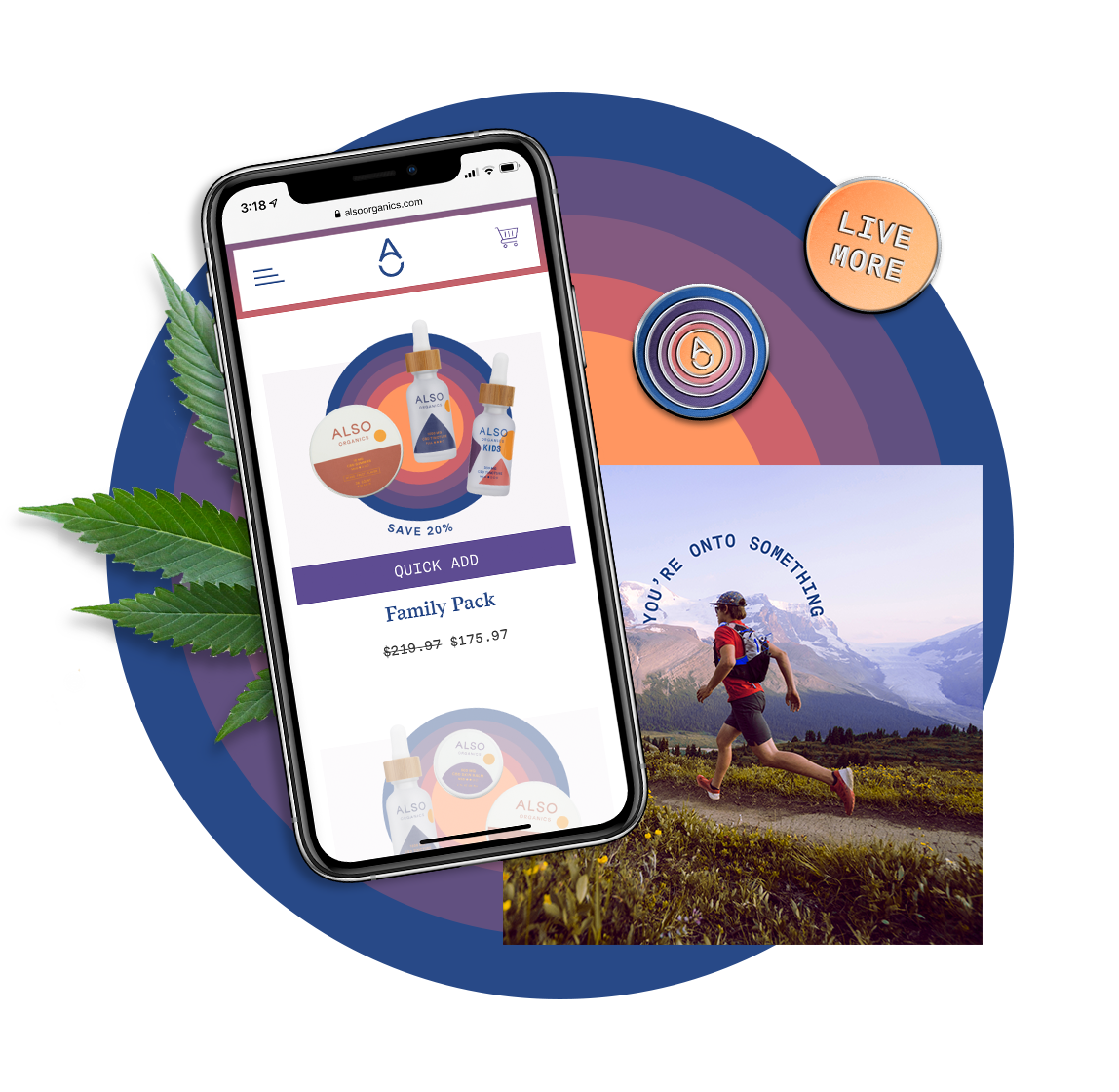 Also Organics website on phone, social post, and enamel pins on a rainbow circle background