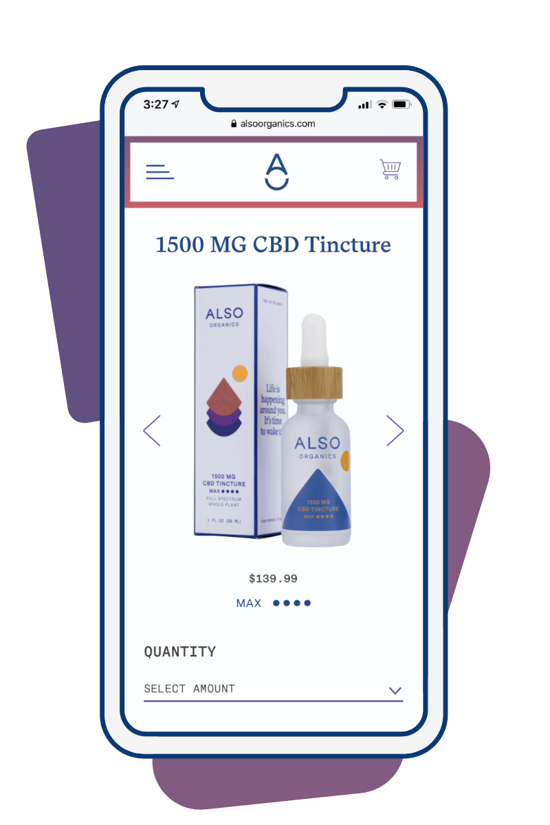 Also Organics 1500 MG CBD Tincture product page responsive design on mobile