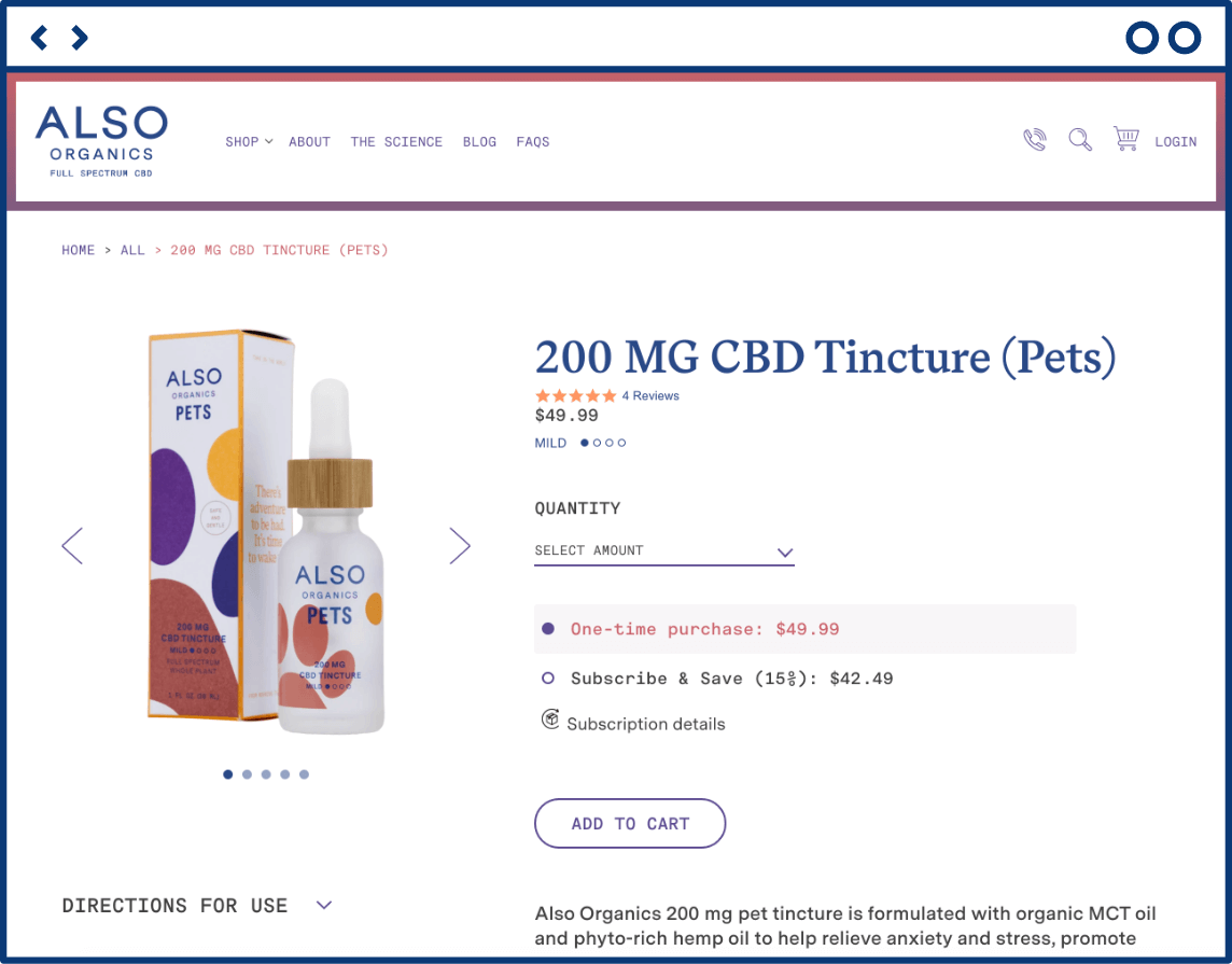 Product page design featuring Also Organics Pets CBD Tincture
