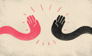 Two colorful hands high fiving graphic