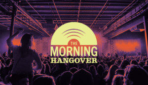 The Morning Hangover logo with an orange and purple duotone photo of a concert in the background