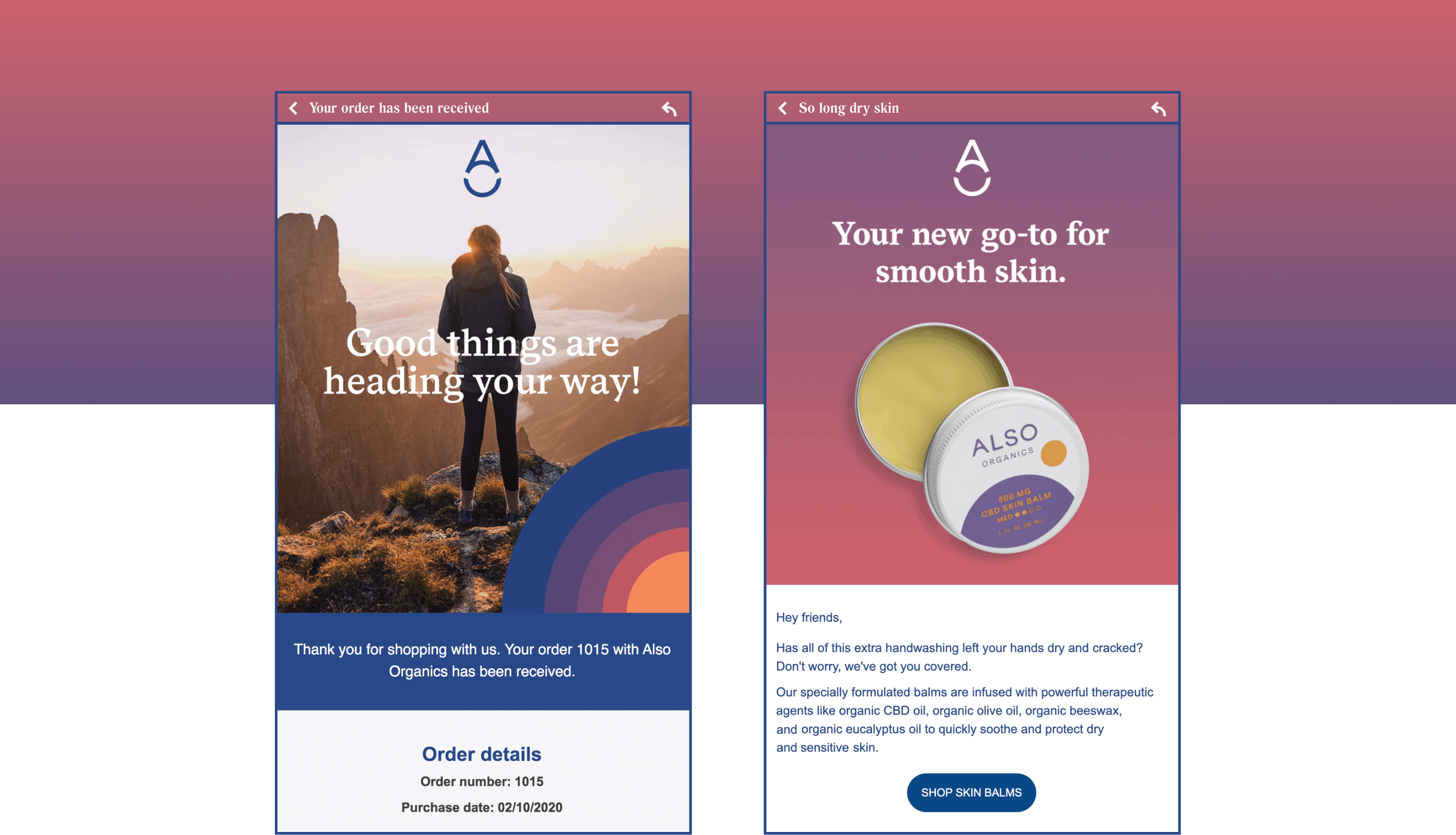 Product confirmation and product promo emails for Also Organics shown in browsers on a gradient background