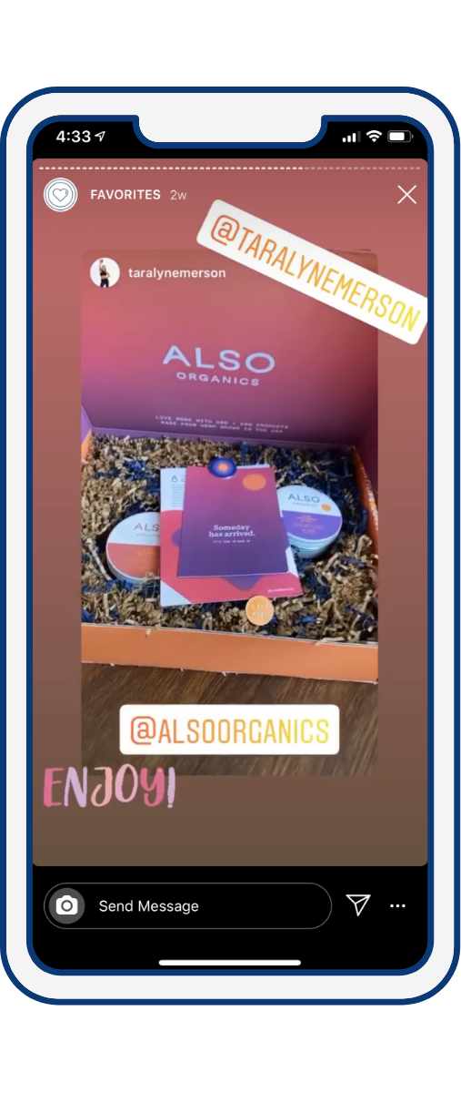 Instagram story from @taralynemerson unboxing Also Organics influencer kit