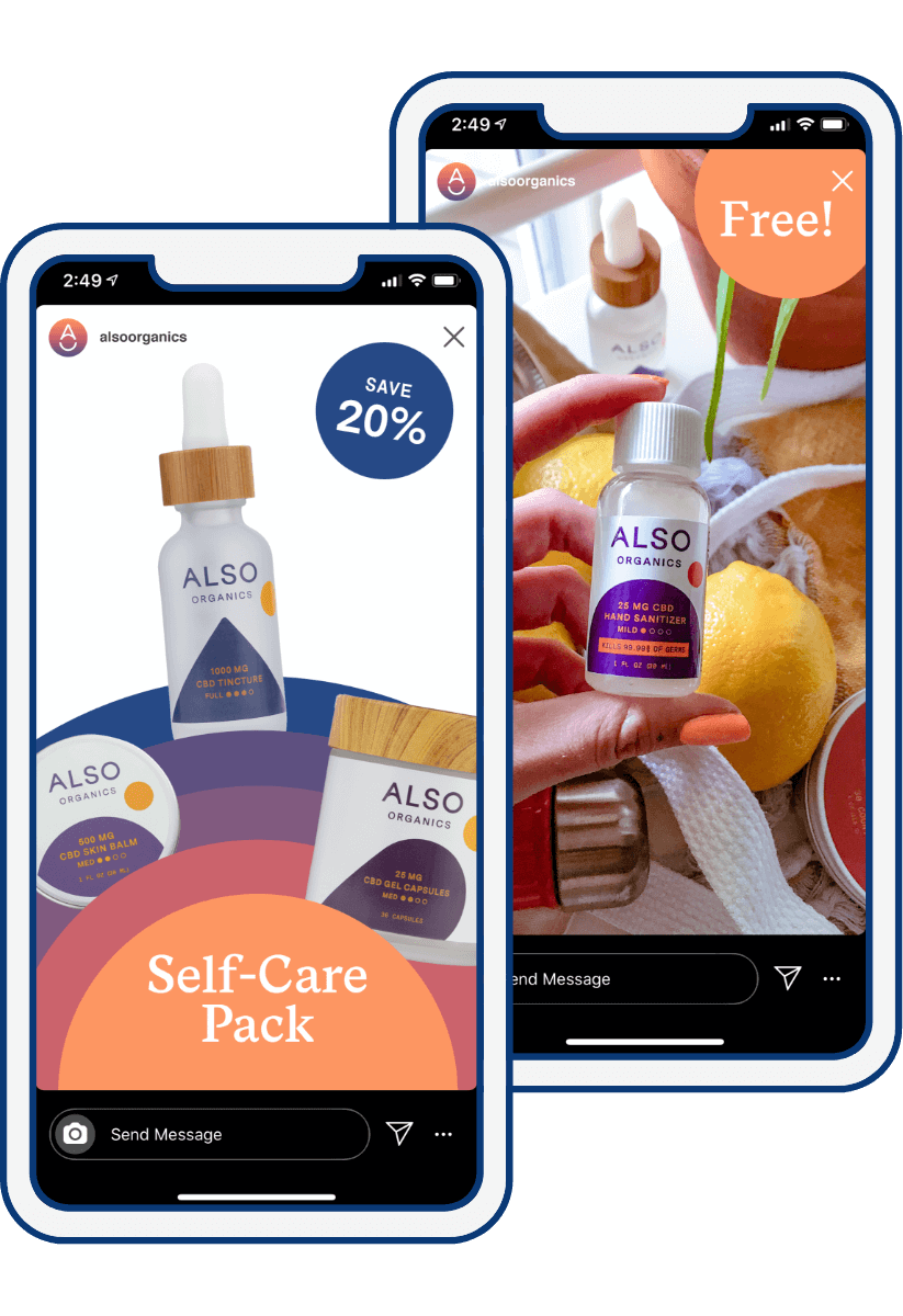 @alsoorganics Instagram stories featuring Self-Care Pack bundle and free CBD hand sanitizer promos