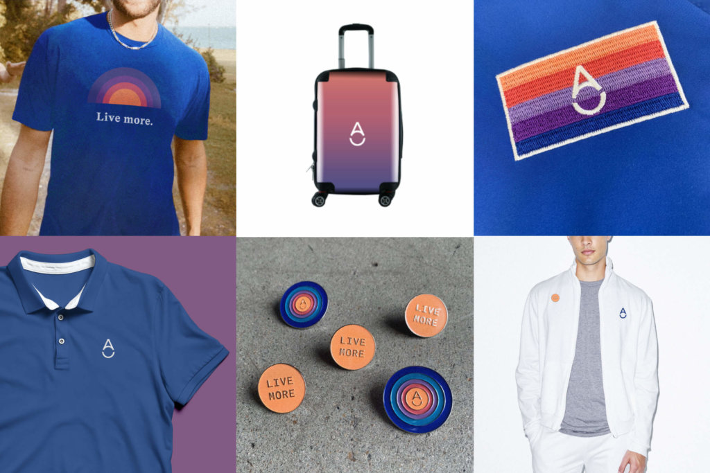 Image grid featuring uniforms and merchandise design for Also Organics including live more tee, branded suitcase, branded logo patch, embroidered logo blue polo, enamel pins and embroidered logo white track jacket