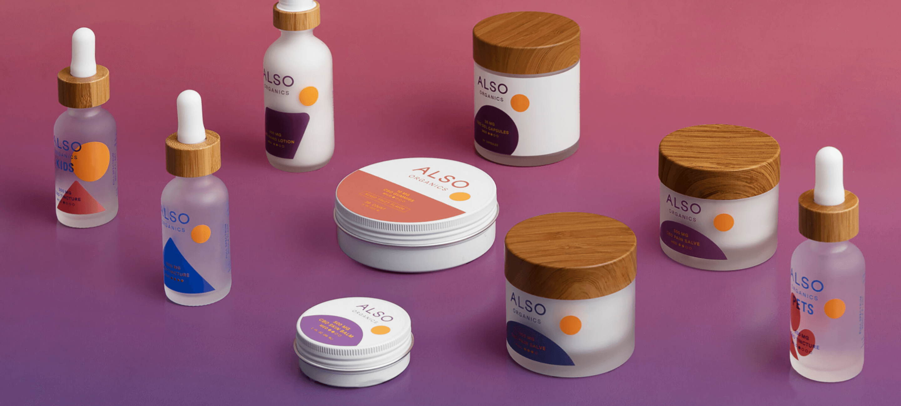 Photo of various Also Organics products including CBD lotion, tinctures, pain salve, skin balm and gummies using an isometric angle on a gradient background