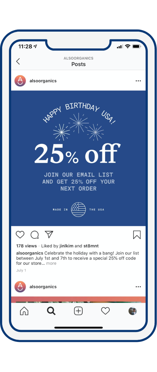 @alsoorganics Instagram post featuring July 4th promotion on mobile