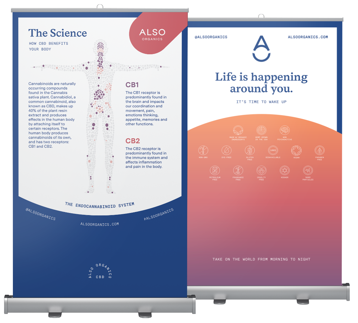Pop up banner designs featuring CBD science facts and benefits icons as a part of a trade show collateral package for Also Organics