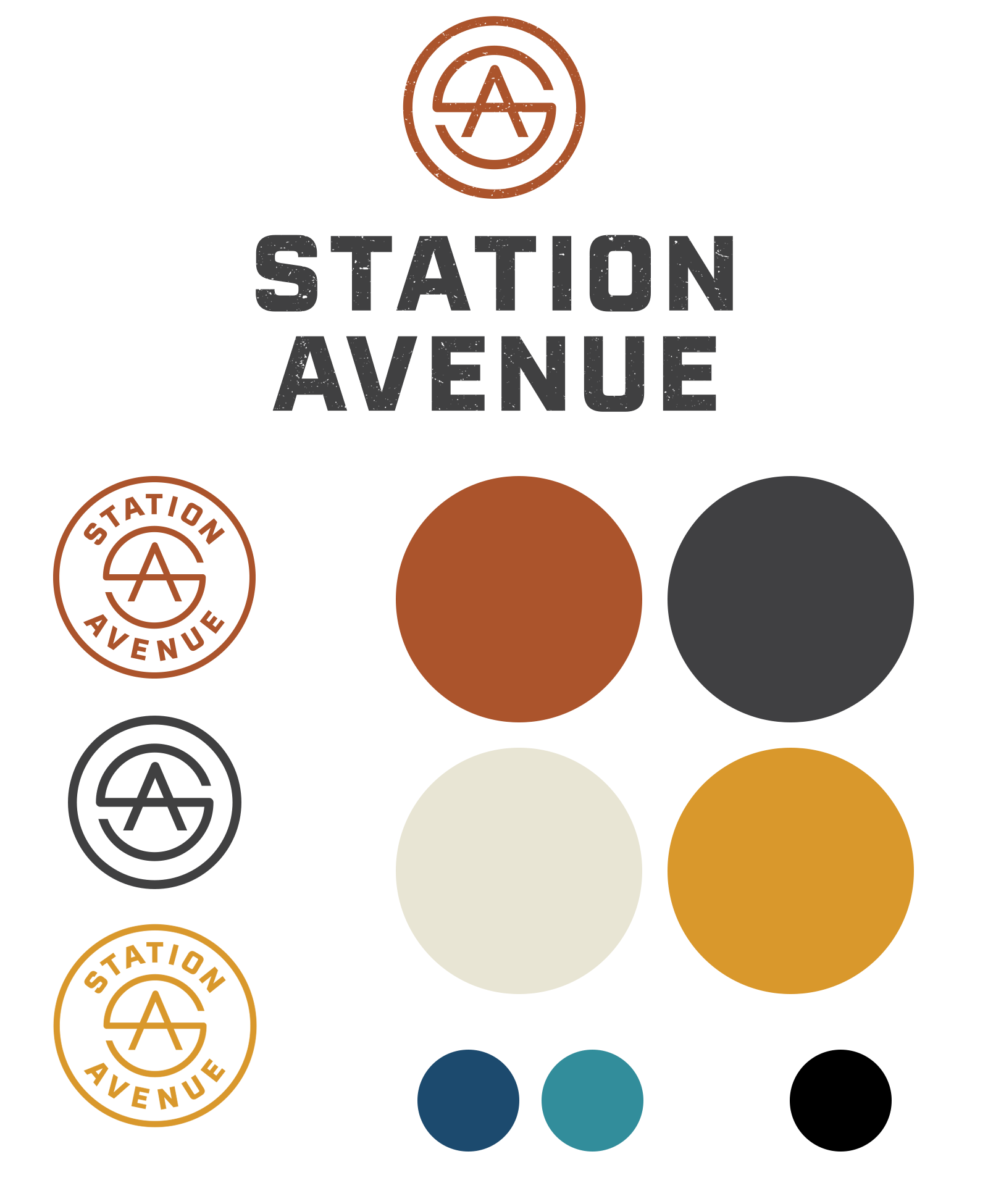 Station Avenue brand color palette featuring a range of colors including burnt orange, charcoal, cream, yellow and aqua