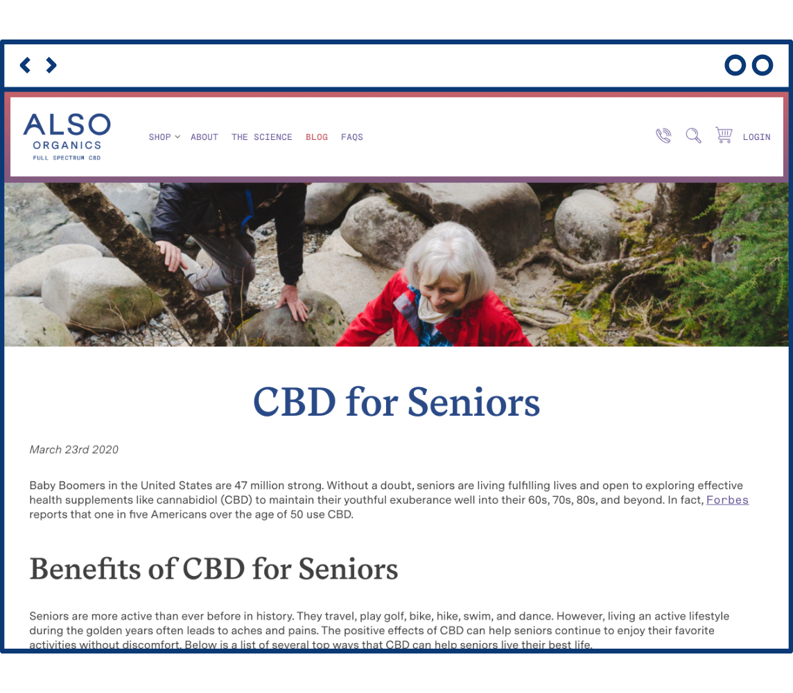 CBD Stories blog post template design featuring CBD for Seniors blog by Also Organics