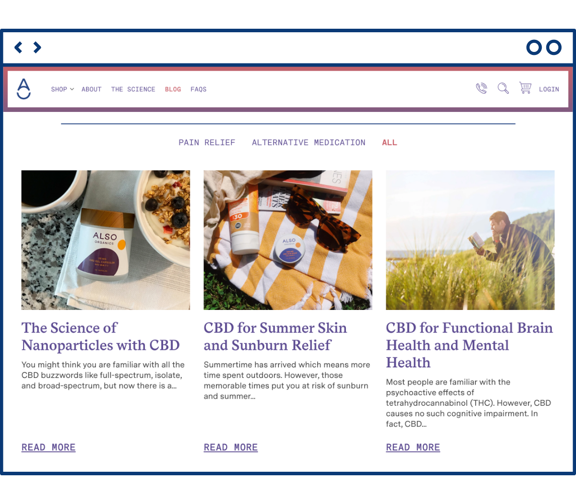 Also Organics CBD Stories blog featuring a feed of articles with filter system UX