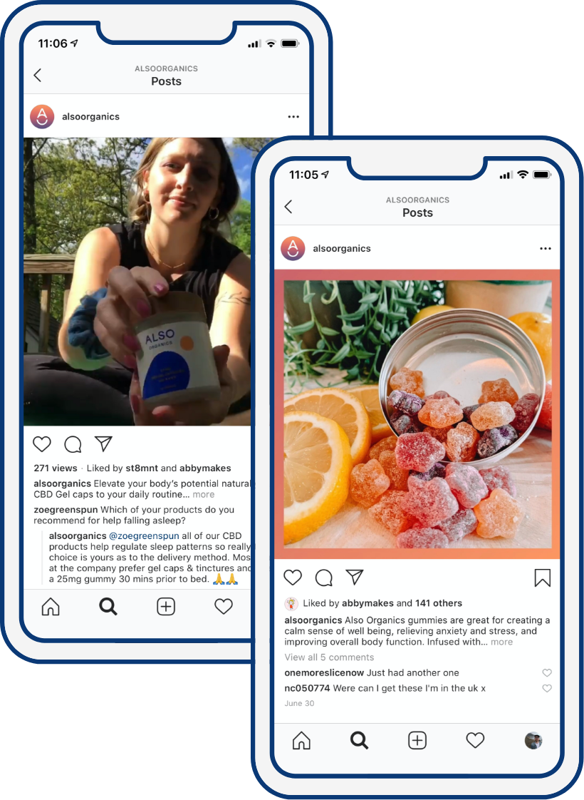 @alsoorganics Instagram posts promoting CBD gel caps and gummies on mobile phones