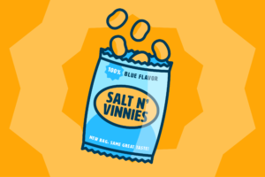 Illustration of blue "Salt N' Vinnies" chips on yellow burst
