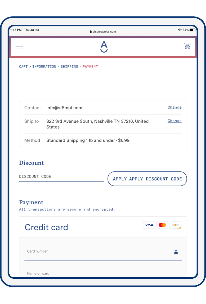 Product checkout process payment screen on tablet