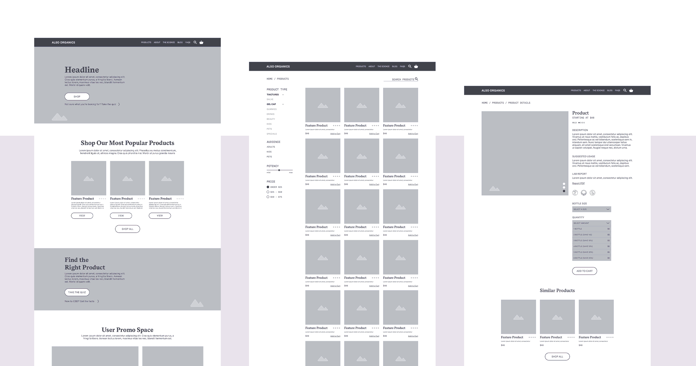 Wireframes and webpage designs for homepage, products listings page and product page