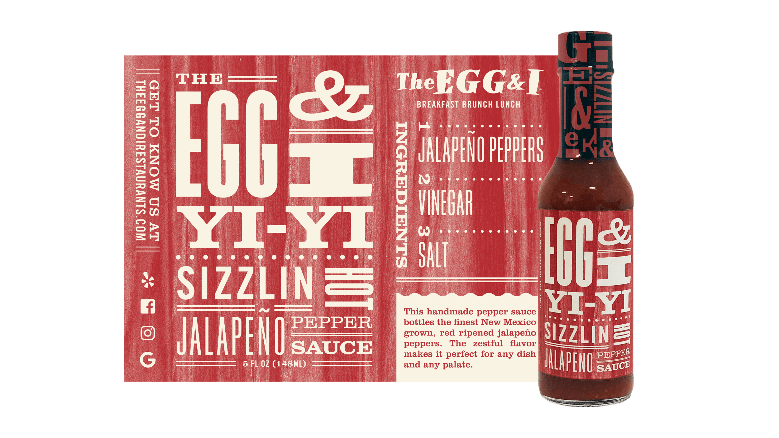 Packaging design for The Egg & I Yi-Yi hot sauce bottle and full label design