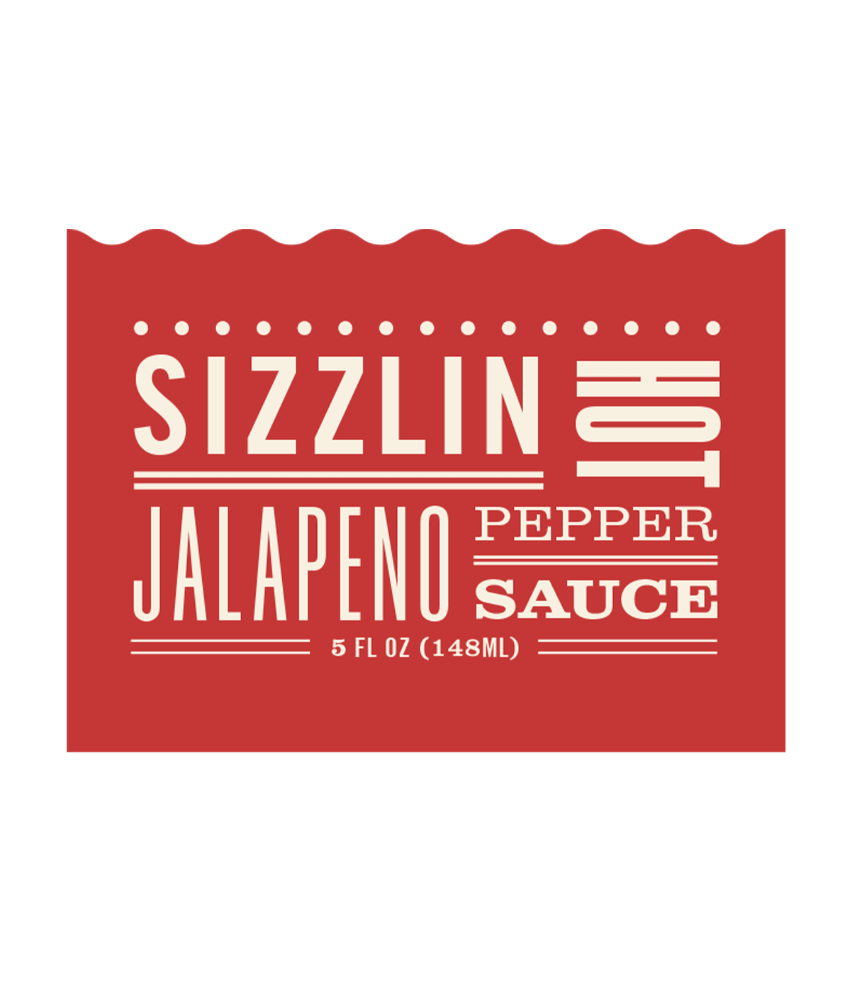 Yi-Yi hot sauce type lockup on red background featuring the words sizzlin, jalapeno and hot pepper sauce.