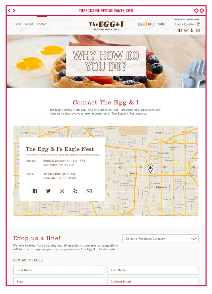 The Egg and I Contact web page design by ST8MNT Brand Agency