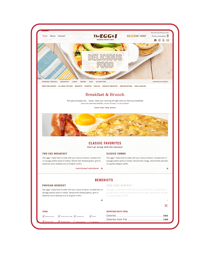 The Egg and I Restaurants Tablet web site breakfast menu page design by ST8MNT Brand Agency