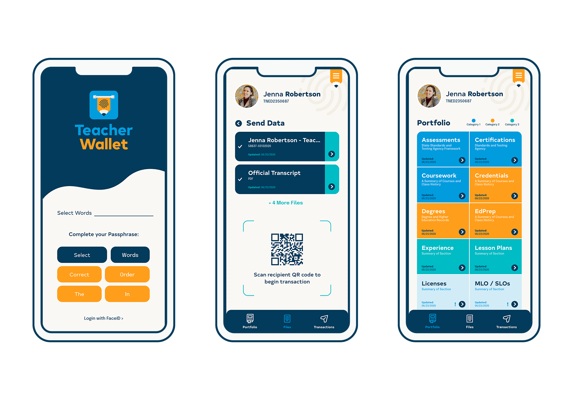 Three phones showing different screens from the Teacher Wallet application