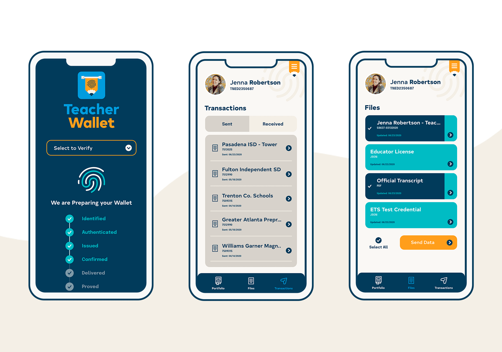 image of three phones showing different screens for the teacher wallet application.