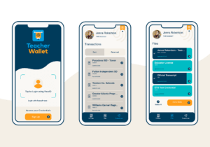 full width image of three phones showing different screens for the teacher wallet application.