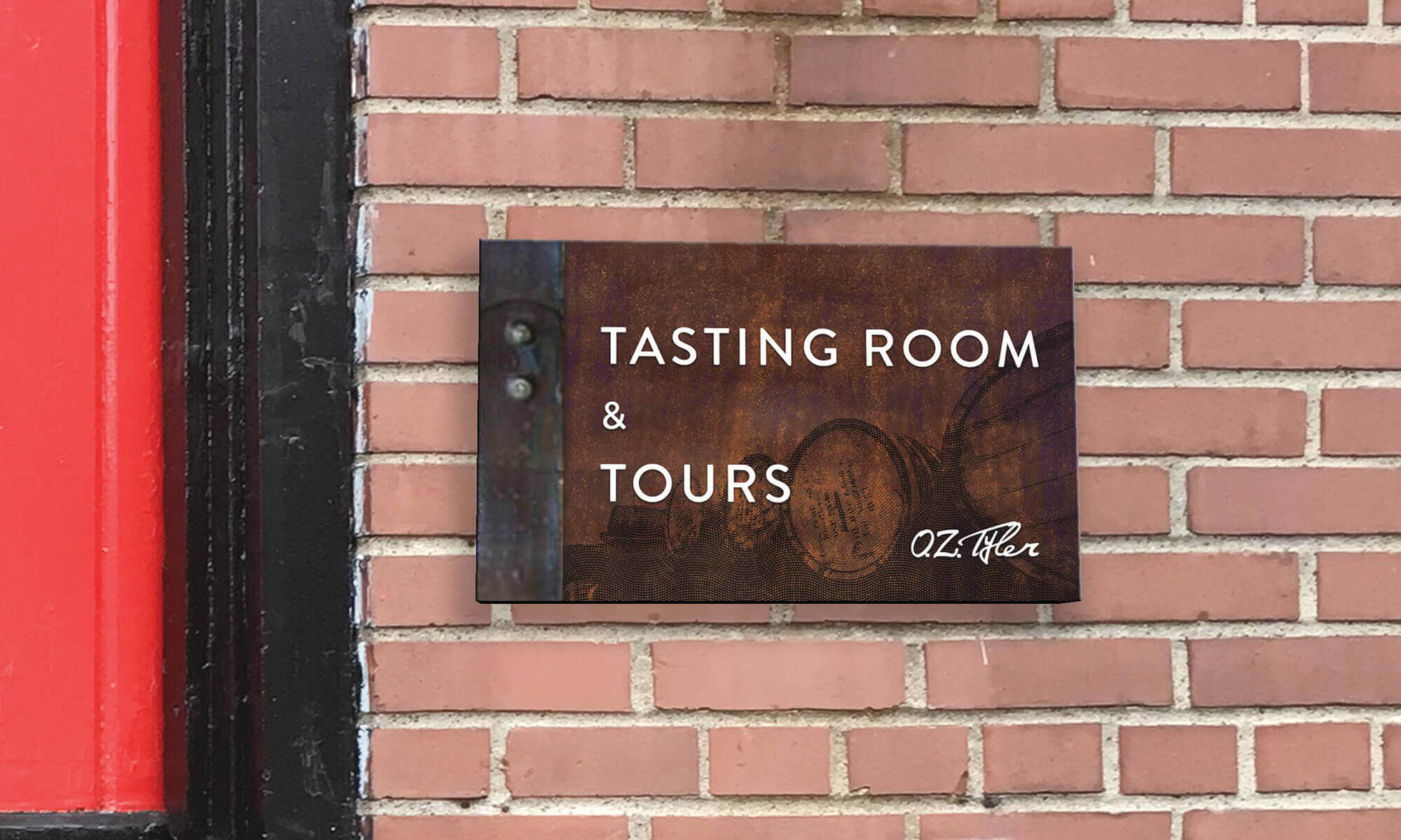 OZ Tyler wayfinding weathered metal with oak barrel imagery sign that says Tasting Room and Tours
