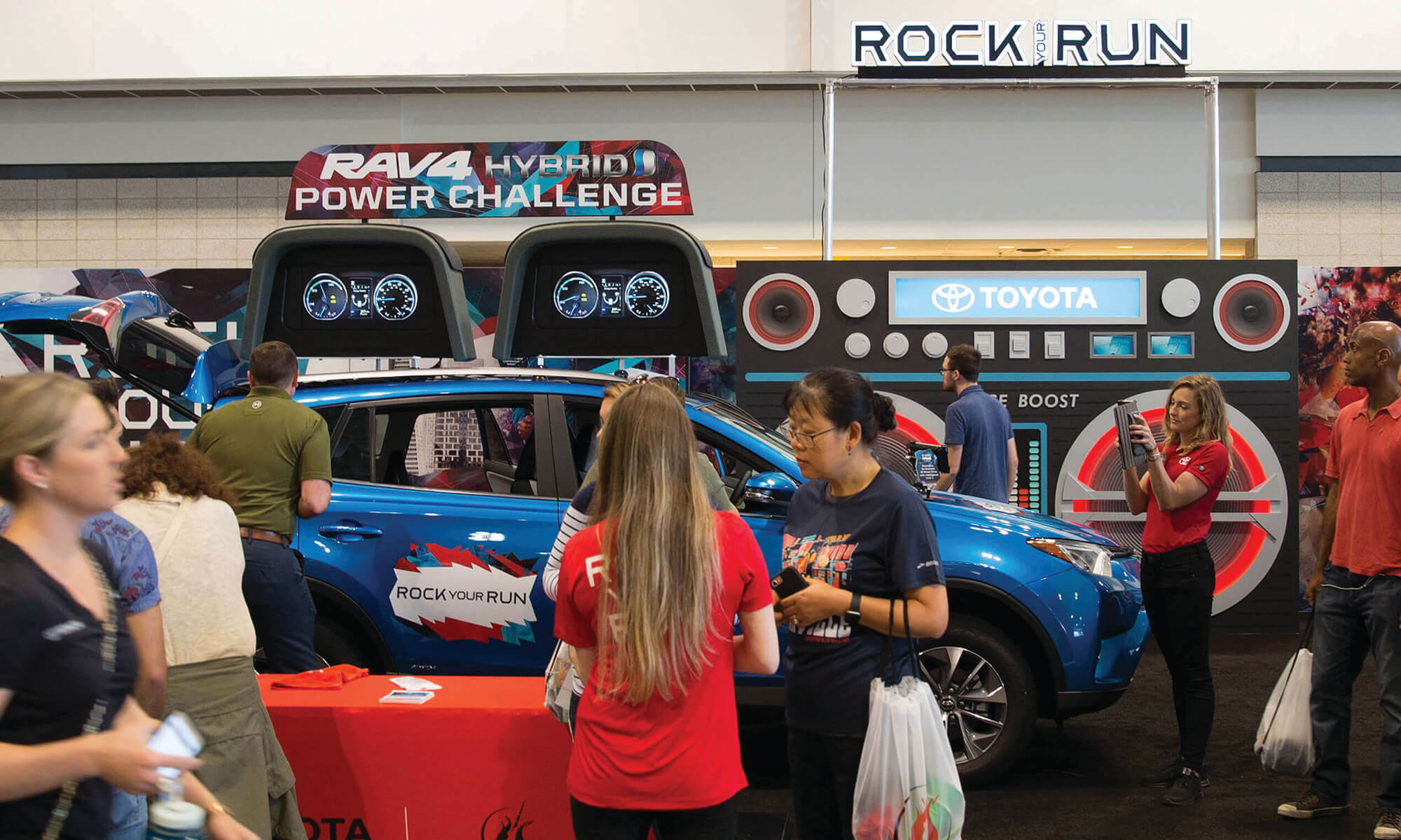 Toyota Rock Your Run event and tradeshow signage including oversized boom box background