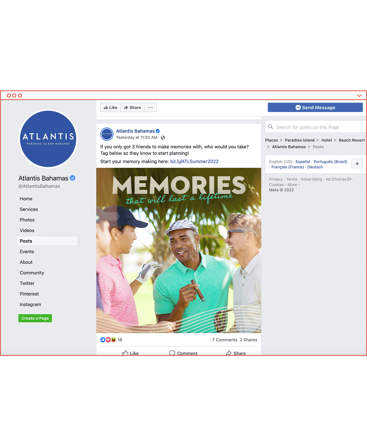 Wireframe mockup of web browser with screenshot of Atlantis Bahamas Facebook page showing designed ad