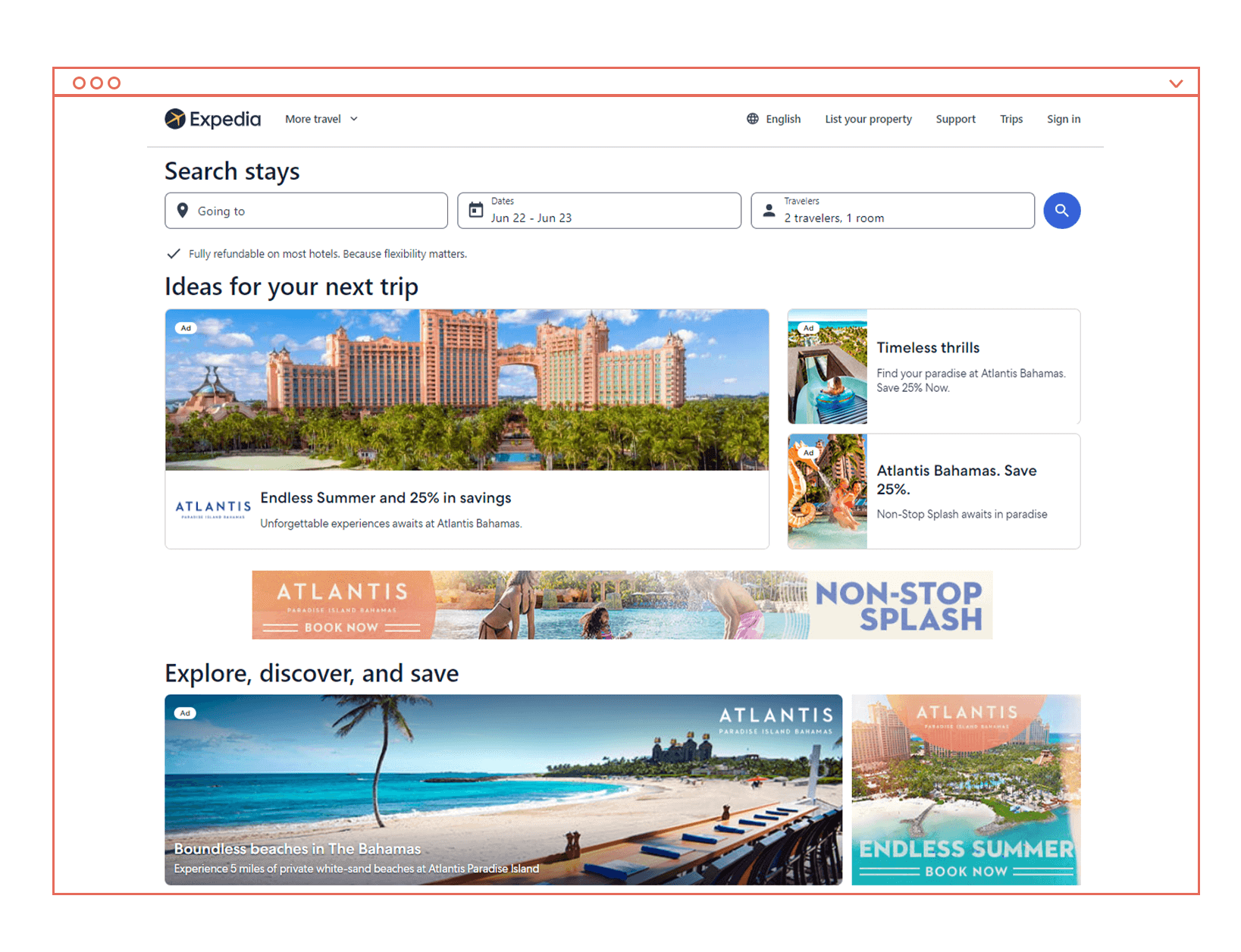 Wireframe mockup of web browser of Expedia.com showing Atlantis Bahamas ads in context