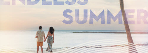 "Endless Summer" textured text on image of couple holding hands on beach